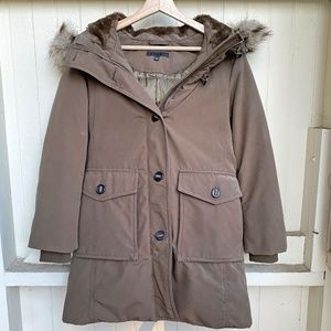 Uniqlo Ultra Warm Down Parka Heat Tech Olive Jacket Fur Hood Coat Sz S LIKE NEW